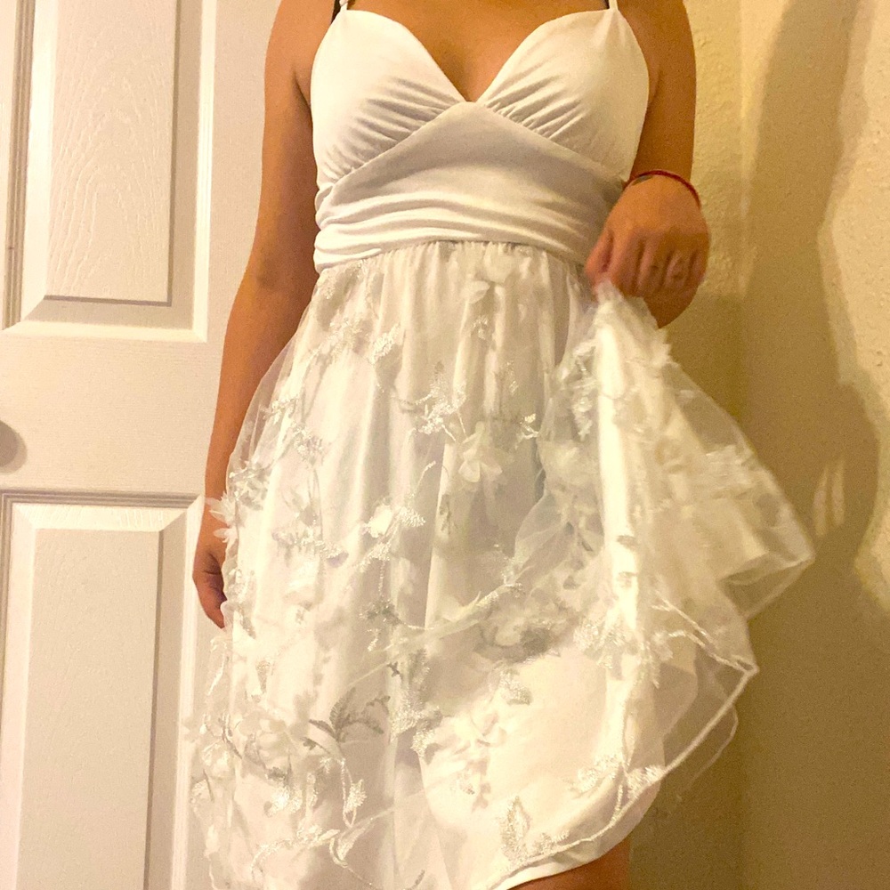 White dress with 3d flower decals